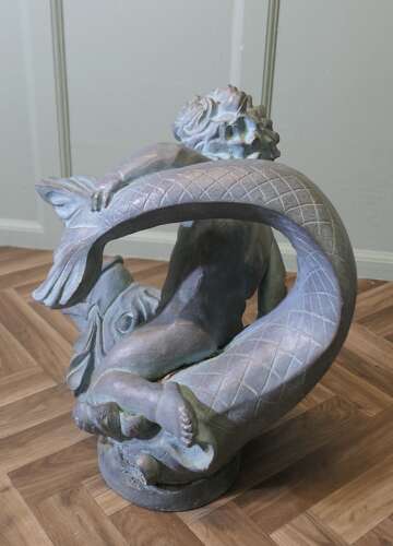 Sculpture of a Cherub Riding a Fish, Fountain Water Feature   A superb verdigris patinated