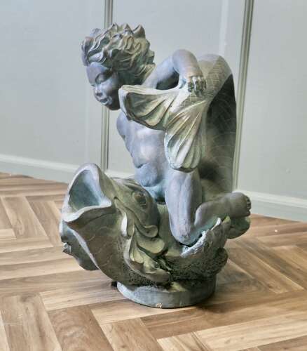 Sculpture of a Cherub Riding a Fish, Fountain Water Feature   A superb verdigris patinated