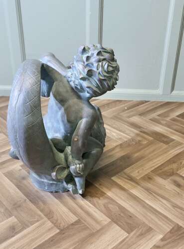Sculpture of a Cherub Riding a Fish, Fountain Water Feature   A superb verdigris patinated