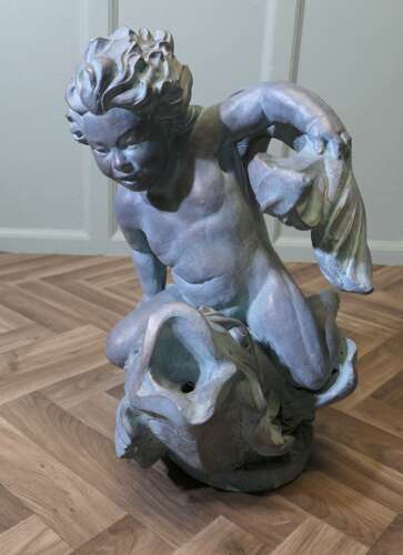 Sculpture of a Cherub Riding a Fish, Fountain Water Feature   A superb verdigris patinated