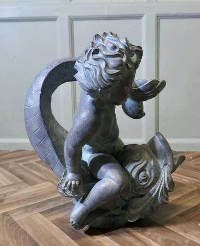 Sculpture of a Cherub Riding a Fish, Fountain Water Feature   A superb verdigris patinated