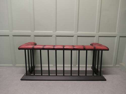 A Wrought Iron and Leather Wrap Around Fire Side Fender, Otherwise known a Club Fender,