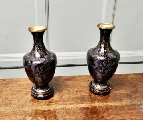 A Pair of Black Cloisonné Baluster Vases on stands