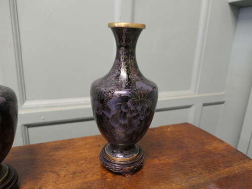 A Pair of Black Cloisonné Baluster Vases on stands