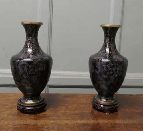 A Pair of Black Cloisonné Baluster Vases on stands