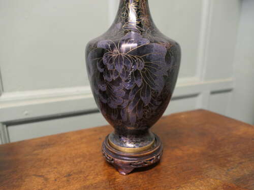 A Pair of Black Cloisonné Baluster Vases on stands