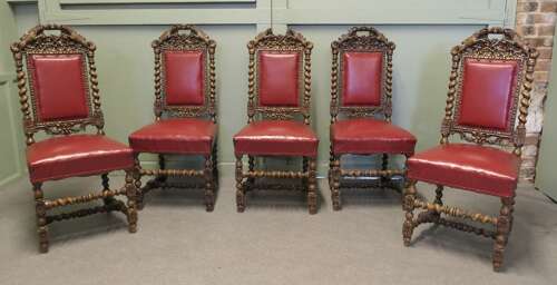 Set of 5 19th Century Black-forest Carved Oak Dining Chairs  These are beautifully carved