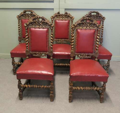 Set of 5 19th Century Black-forest Carved Oak Dining Chairs  These are beautifully carved