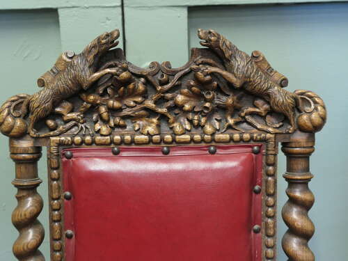 Set of 5 19th Century Black-forest Carved Oak Dining Chairs  These are beautifully carved