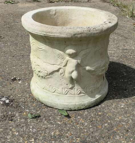 A Pair of Round Garden Planters with Winged Cherubs This is a good large pair