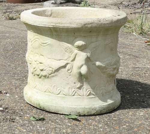 A Pair of Round Garden Planters with Winged Cherubs This is a good large pair