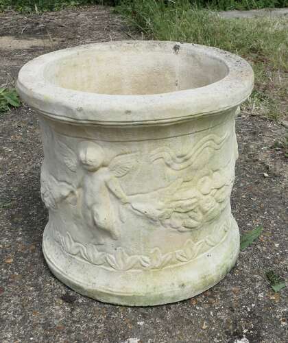 A Pair of Round Garden Planters with Winged Cherubs This is a good large pair