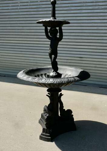 Black Cast Iron Fountain with Cherub Boy A good piece in a classical style with dolphins
