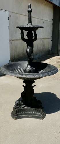 Black Cast Iron Fountain with Cherub Boy A good piece in a classical style with dolphins