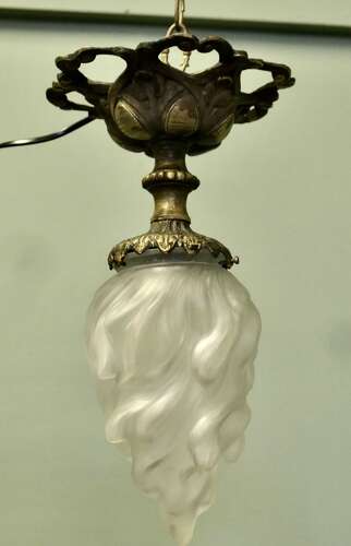 Arts & Crafts Brass Ceiling Light with Flame Glass Shade  This wonderful piece is made in
