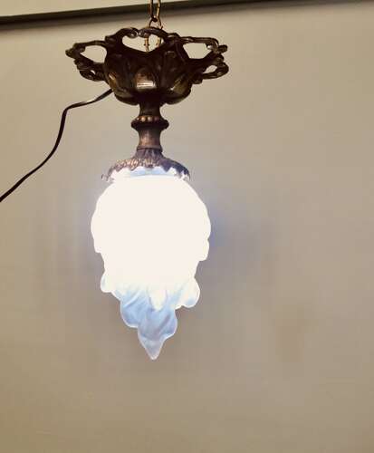 Arts & Crafts Brass Ceiling Light with Flame Glass Shade This wonderful piece is made in