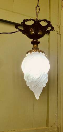 Arts & Crafts Brass Ceiling Light with Flame Glass Shade This wonderful piece is made in