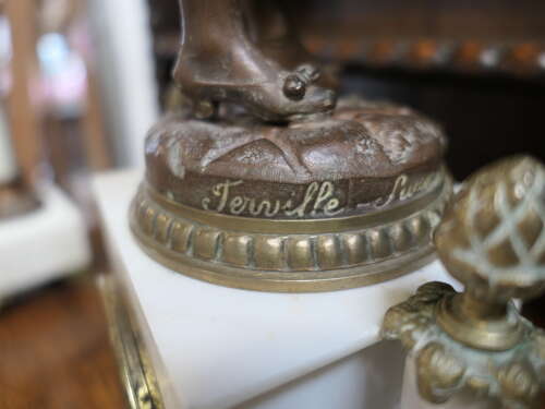 19th Century French Signed Bronze Clock and Garniture. A 19th Century French bronze