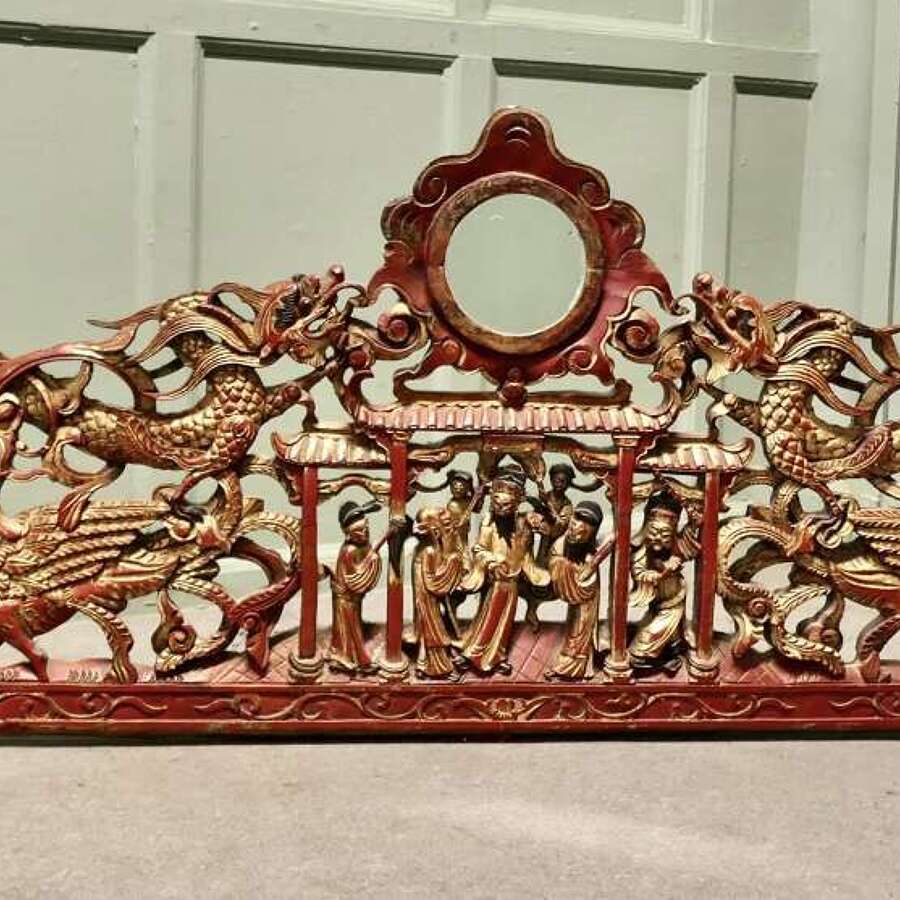 Large Oriental Carved Chinoiserie Decorative Temple Pediment  This is a large carved lacq
