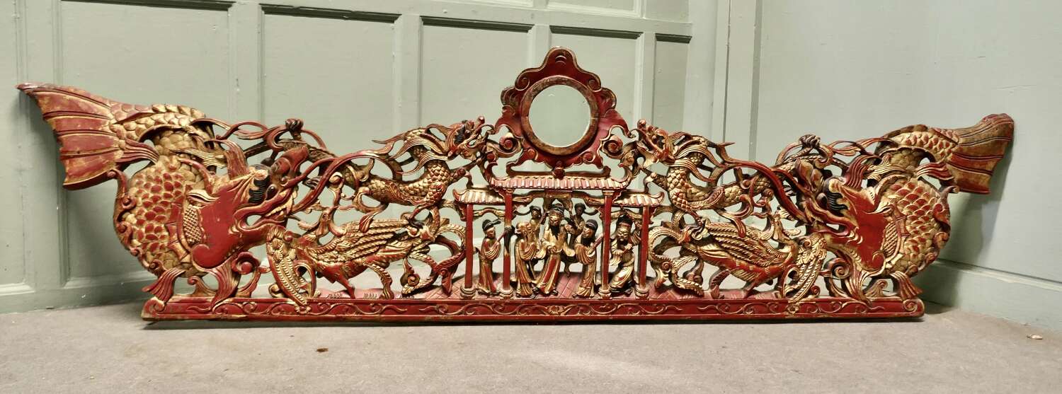 Large Oriental Carved Chinoiserie Decorative Temple Pediment  This is a large carved lacq