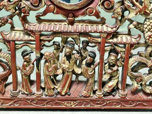 Large Oriental Carved Chinoiserie Decorative Temple Pediment This is a large carved lacq