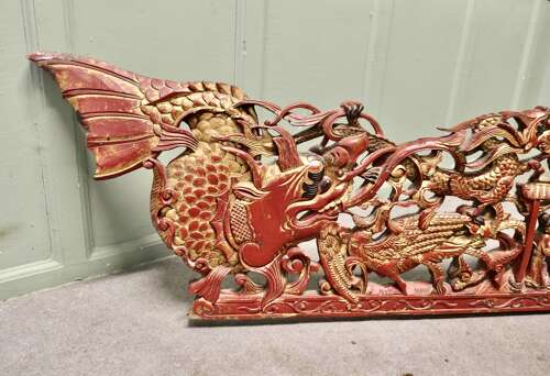 Large Oriental Carved Chinoiserie Decorative Temple Pediment This is a large carved lacq