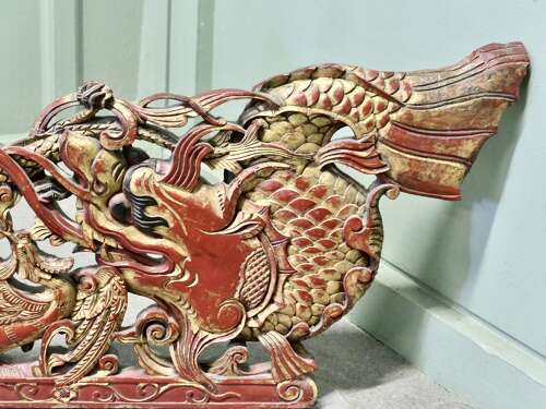 Large Oriental Carved Chinoiserie Decorative Temple Pediment This is a large carved lacq