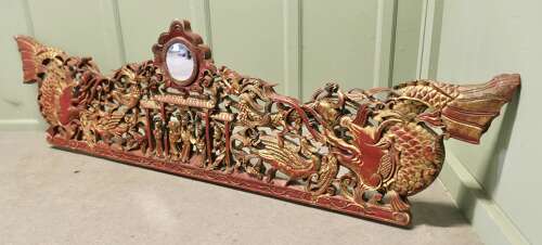 Large Oriental Carved Chinoiserie Decorative Temple Pediment This is a large carved lacq