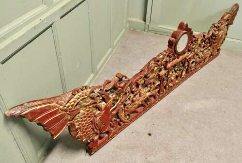 Large Oriental Carved Chinoiserie Decorative Temple Pediment This is a large carved lacq