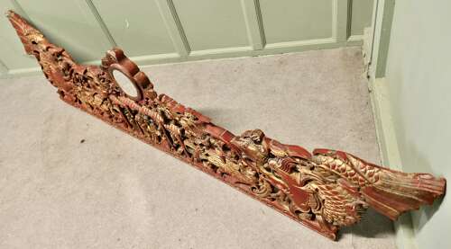 Large Oriental Carved Chinoiserie Decorative Temple Pediment This is a large carved lacq