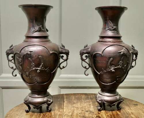 A Pair of Large Japanese Bronze Vases, Meiji Period