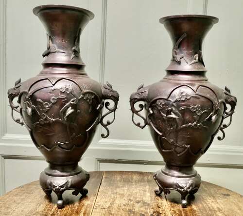 A Pair of Large Japanese Bronze Vases, Meiji Period