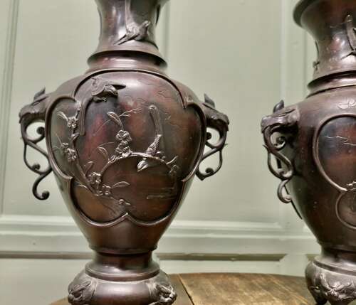 A Pair of Large Japanese Bronze Vases, Meiji Period