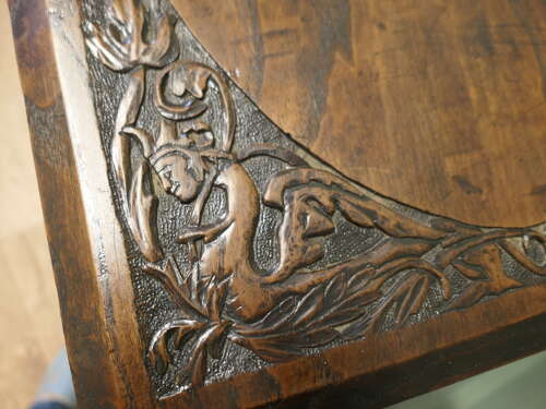 Elm Side Table with Celtic Carvings  This is a good solid table, the top is thick and it h