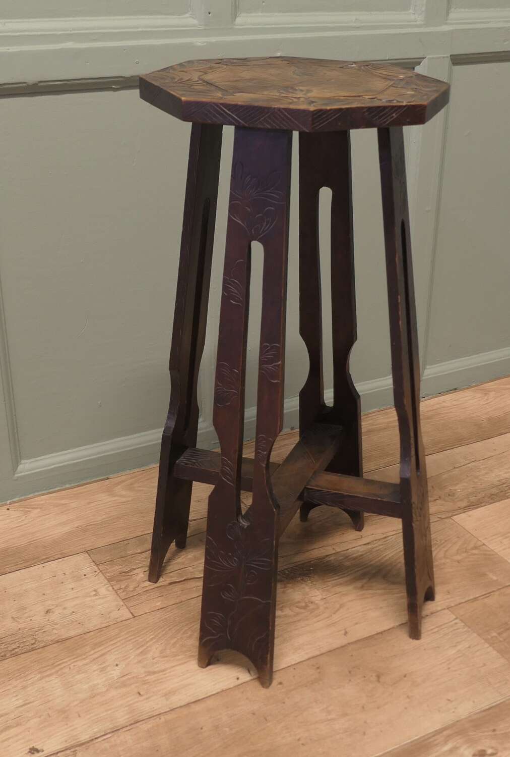 Liberty & Co Arts and Crafts Carved Elm Octagonal Plant Stand    This piece is being offer